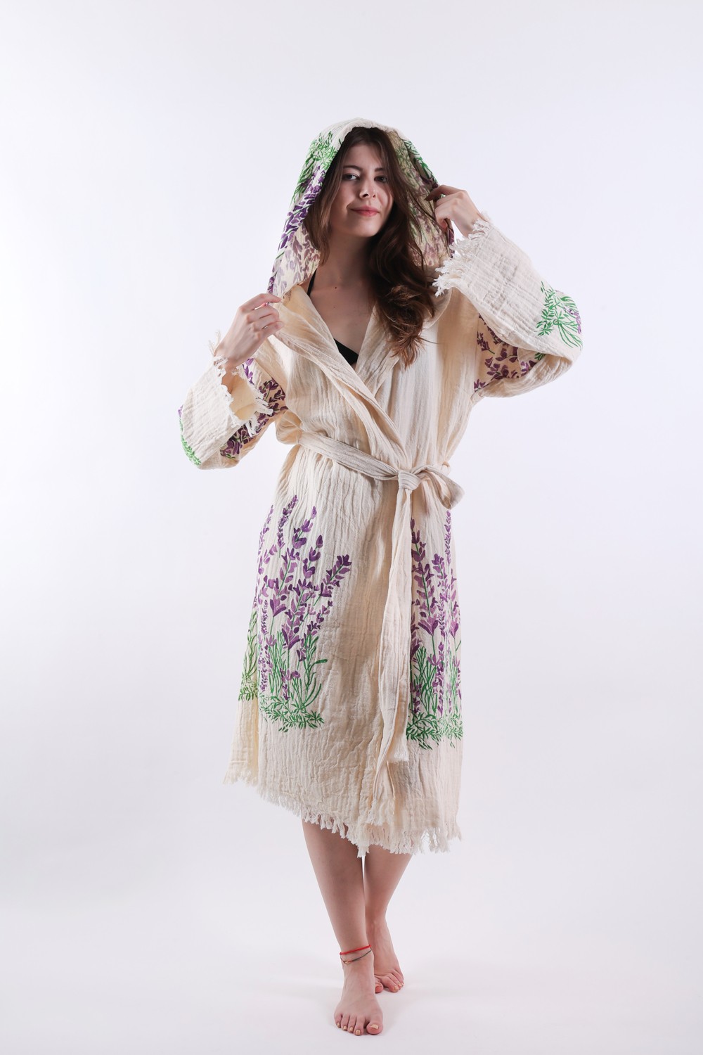 Reina Teks Peştemal Bornoz Müslin Pamuklu Plaj Lavanta Desen 1ADET Unisex Beachwear Kimono Kaftan görsel 4