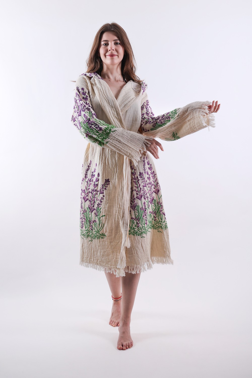 Reina Teks Peştemal Bornoz Müslin Pamuklu Plaj Lavanta Desen 1ADET Unisex Beachwear Kimono Kaftan görsel 6