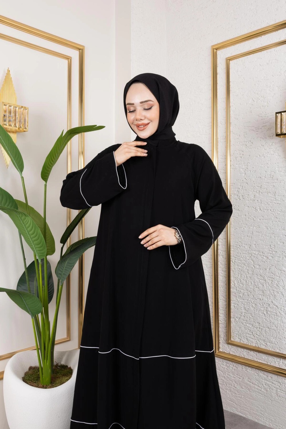 Butik Medine Ipeği Biye'li Ahsen Feracce (Siyah) görsel 2