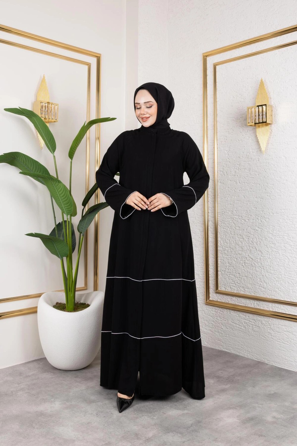 Butik Medine Ipeği Biye'li Ahsen Feracce (Siyah) görsel 3