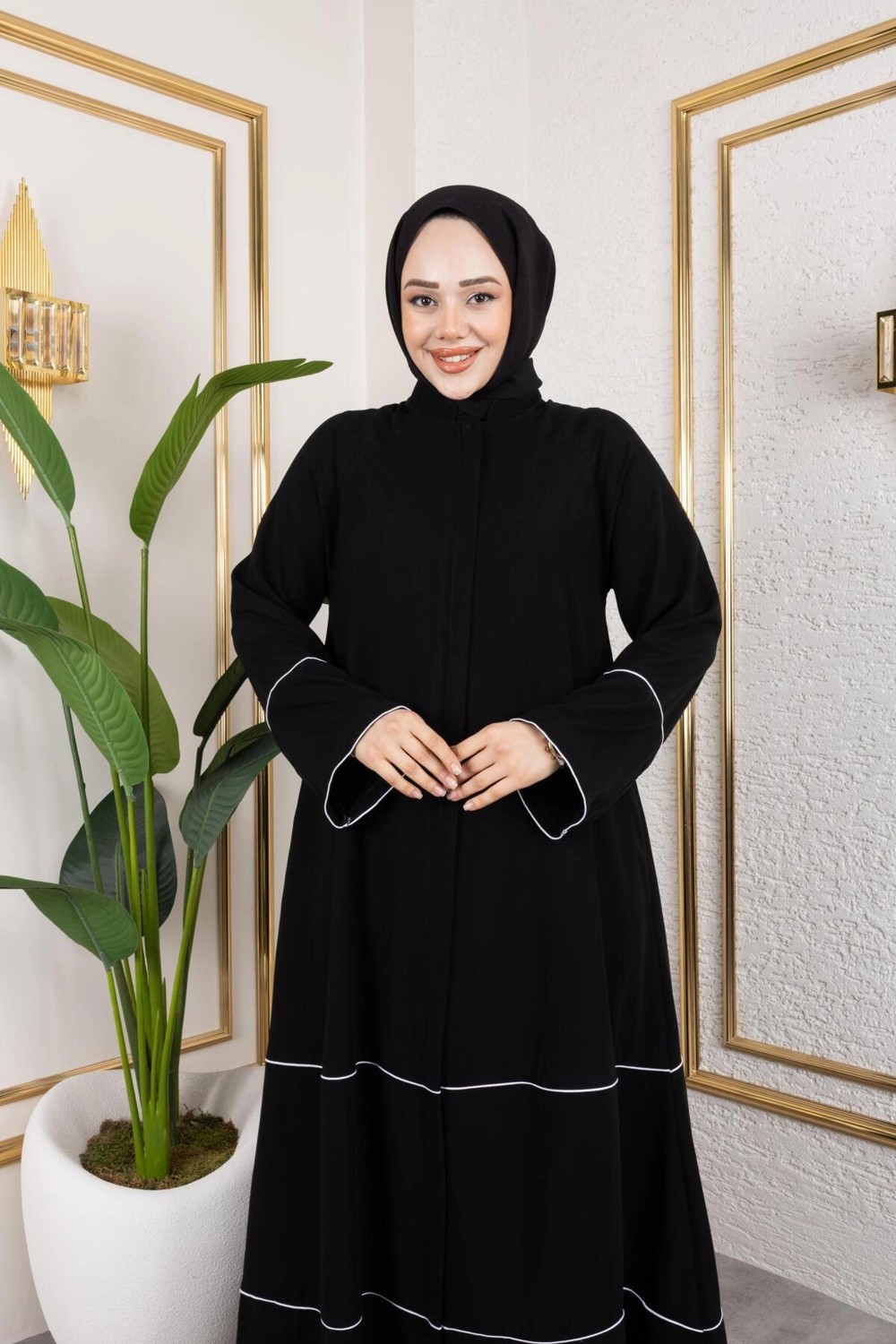 Butik Medine Ipeği Biye'li Ahsen Feracce (Siyah) görsel 4