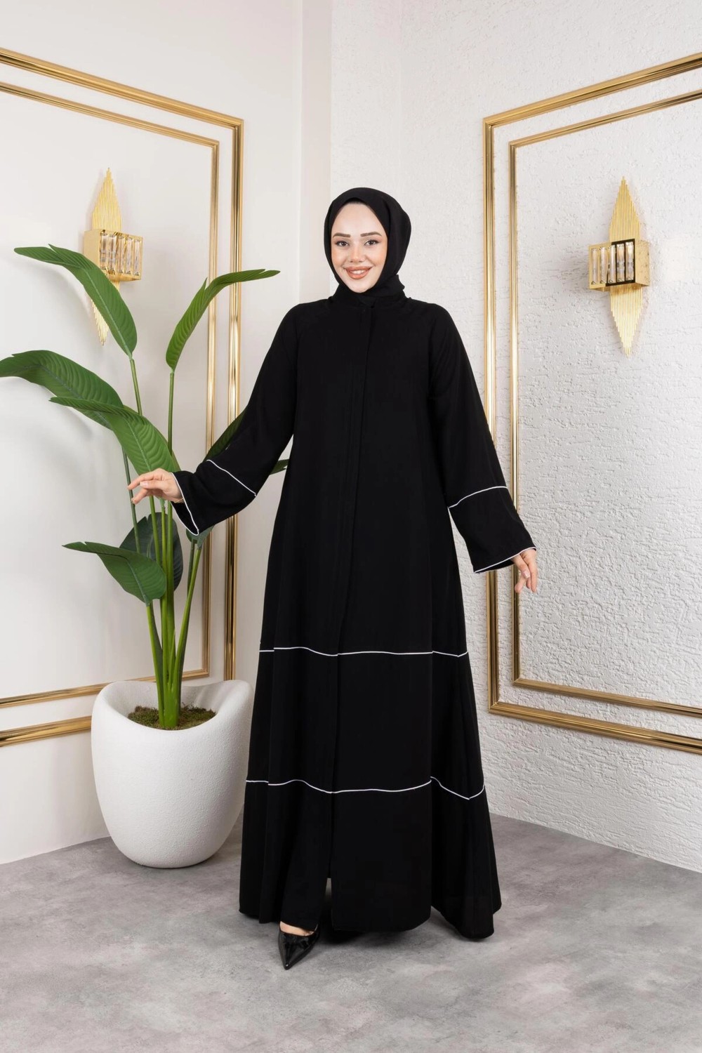 Butik Medine Ipeği Biye'li Ahsen Feracce (Siyah) görsel 5