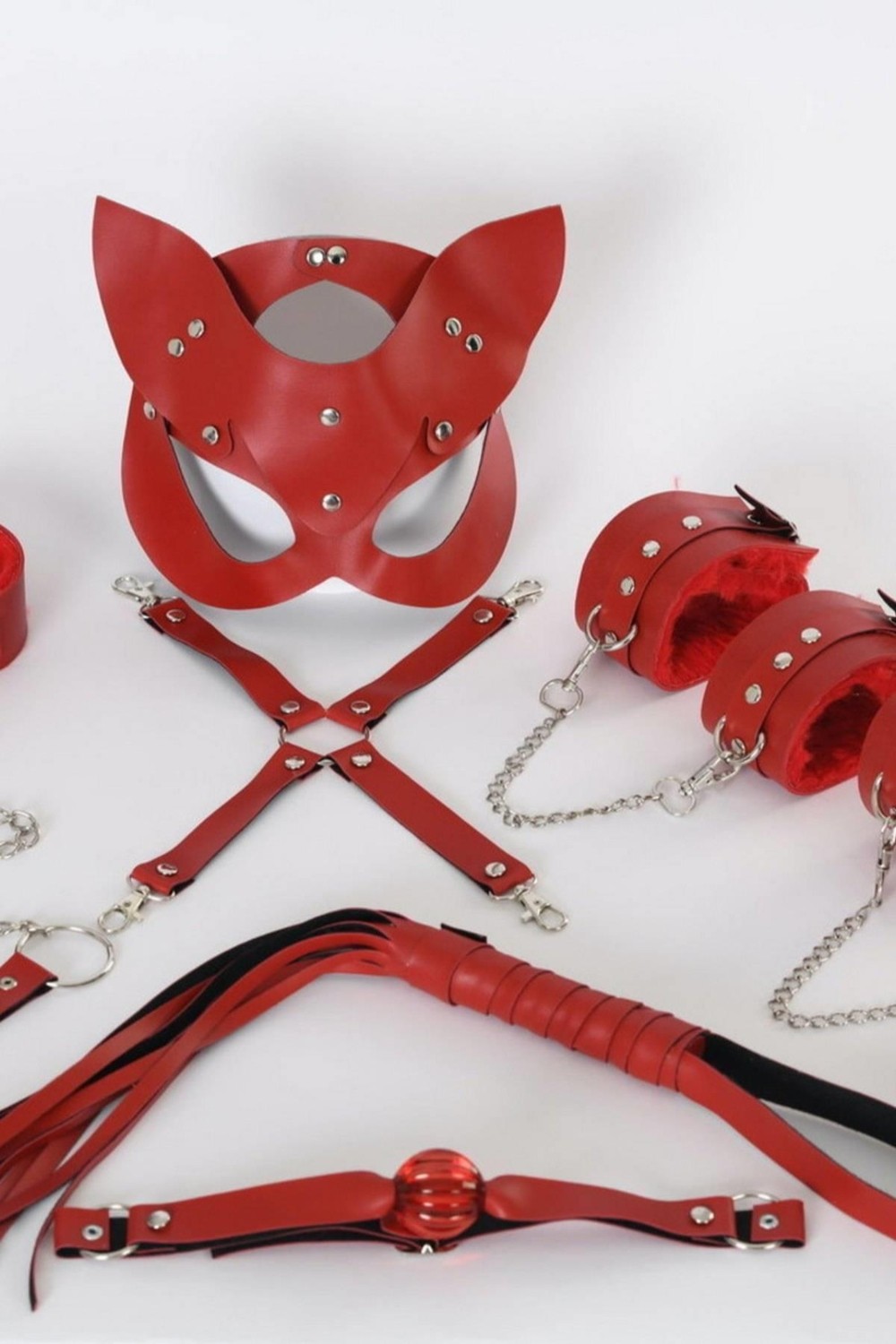 Kırmızı Içi Tüğlü Maske,kol,bacak,ağız Topu,kırbaç,tasma Set 700938 görsel 2