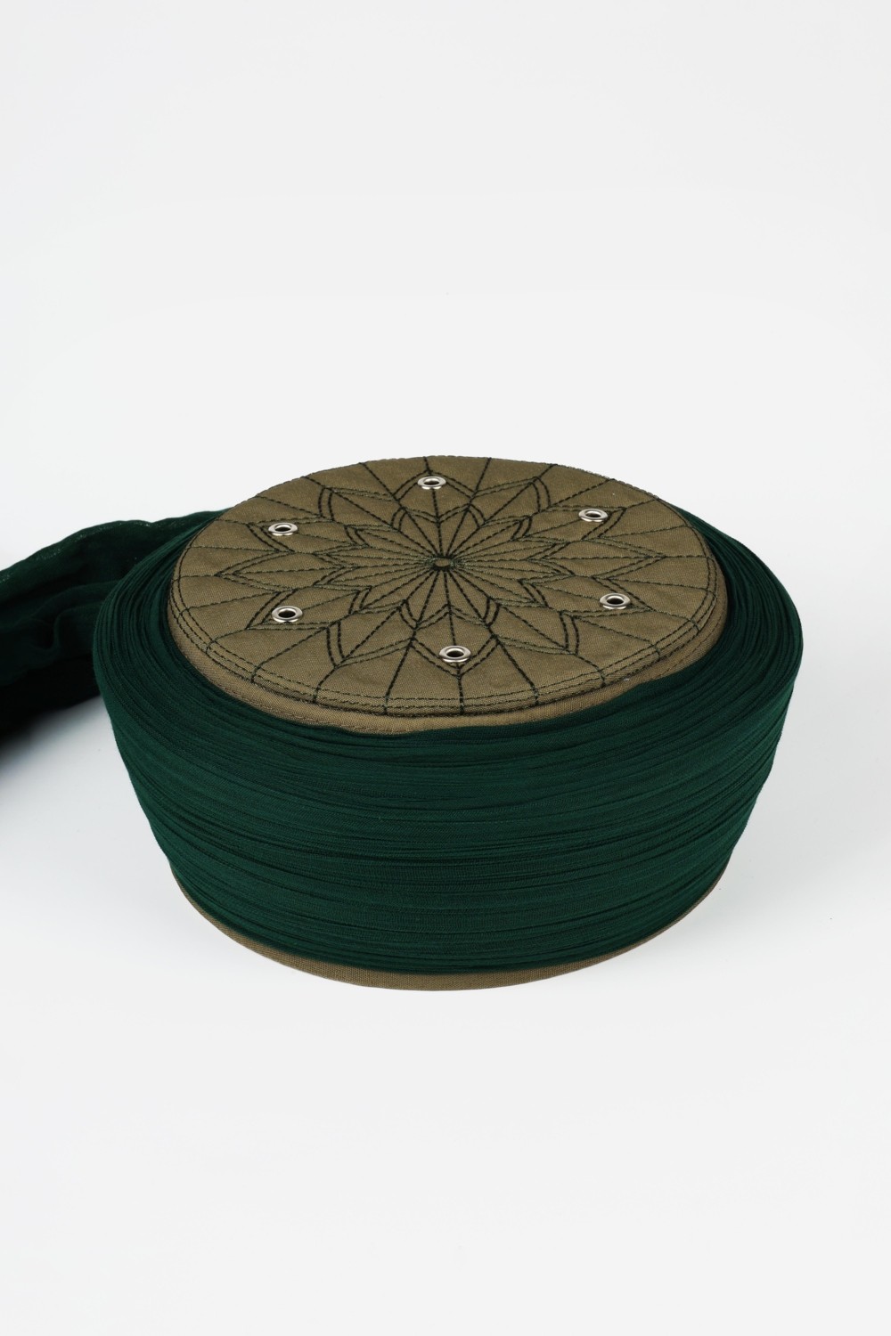 Sarıkhane Talebe Sarığı - Yeşil Kumaş - Yeşil Takke - Yuvarlak Sarım - Kuş Gözü - 7 Metre (Züabeli)