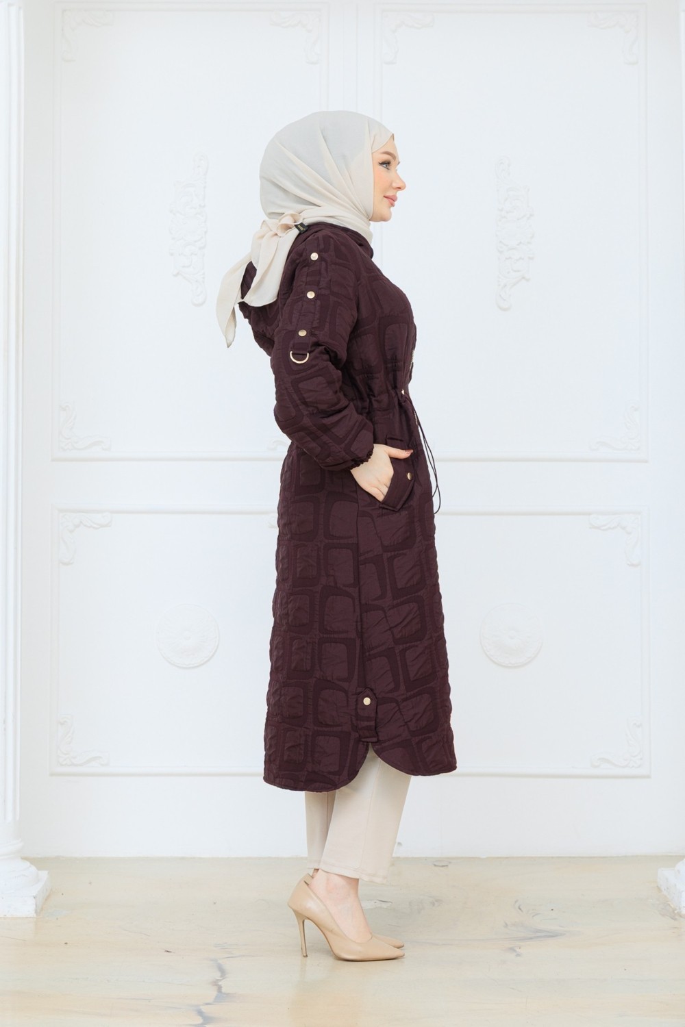 Pamuk Butik Kadın Kabartma Desenli Beli Tünel Geçişli Kapitone Kap -PMK524 görsel 4