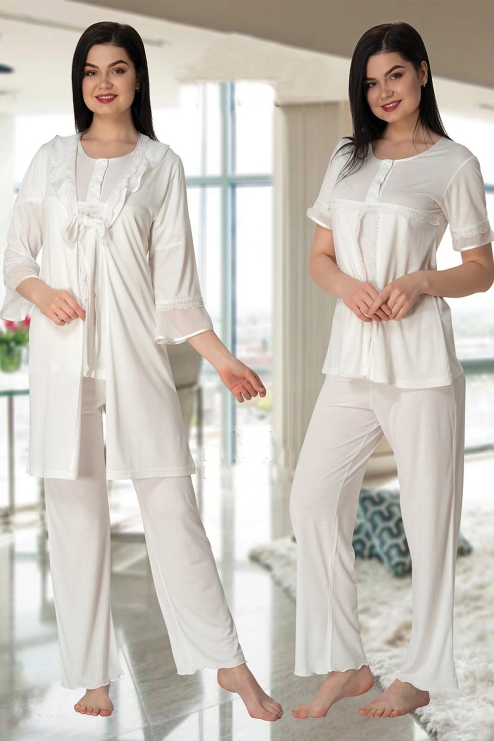 SS Home Concept Effortt 4074 Kolları Volanlı Sabahlıklı Lohusa Pijama Takımı