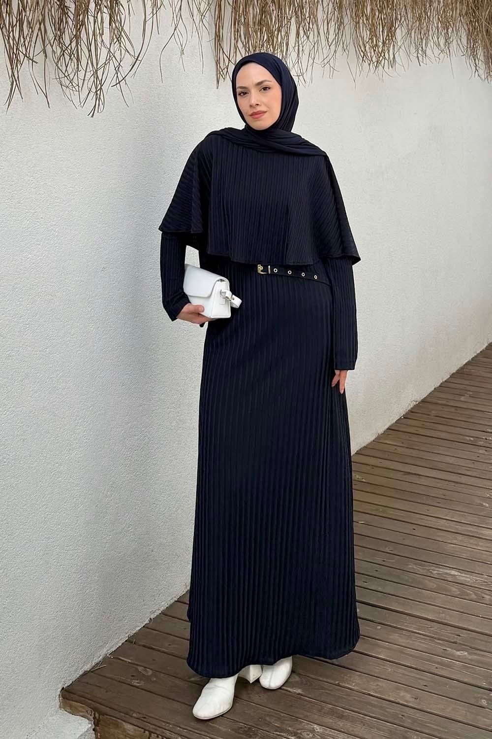 Lamelif Balıksırtı Kemerli Elbise Haki