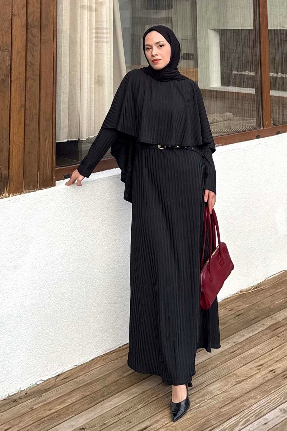 Lamelif Balıksırtı Kemerli Elbise Haki görsel 5