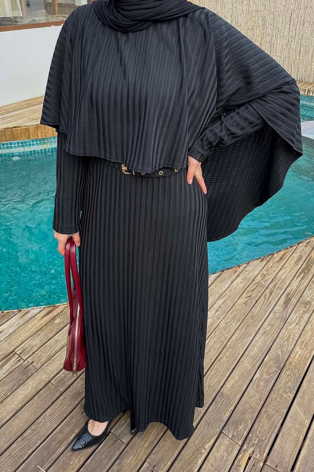 Lamelif Balıksırtı Kemerli Elbise Haki görsel 7