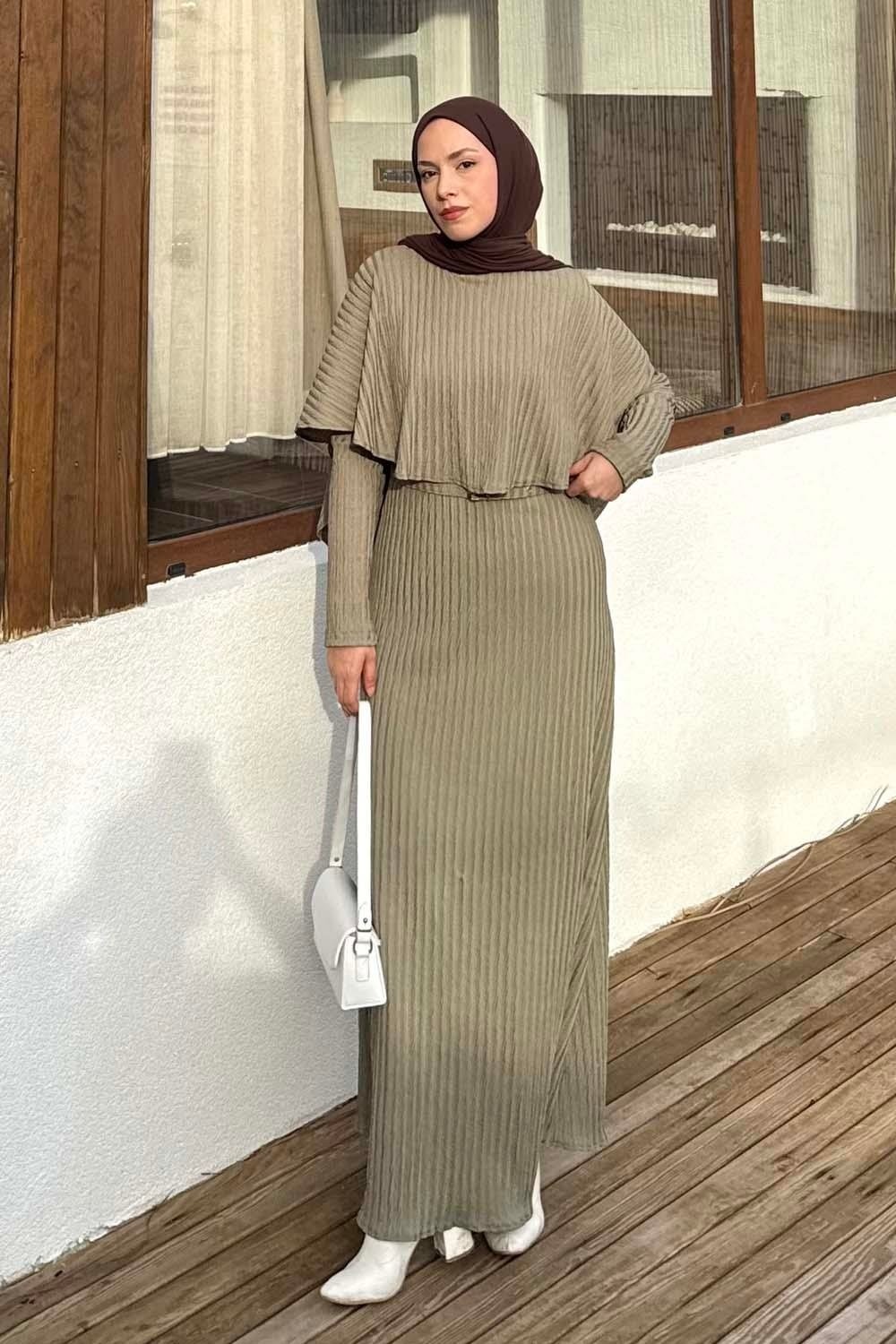 Lamelif Balıksırtı Kemerli Elbise Haki