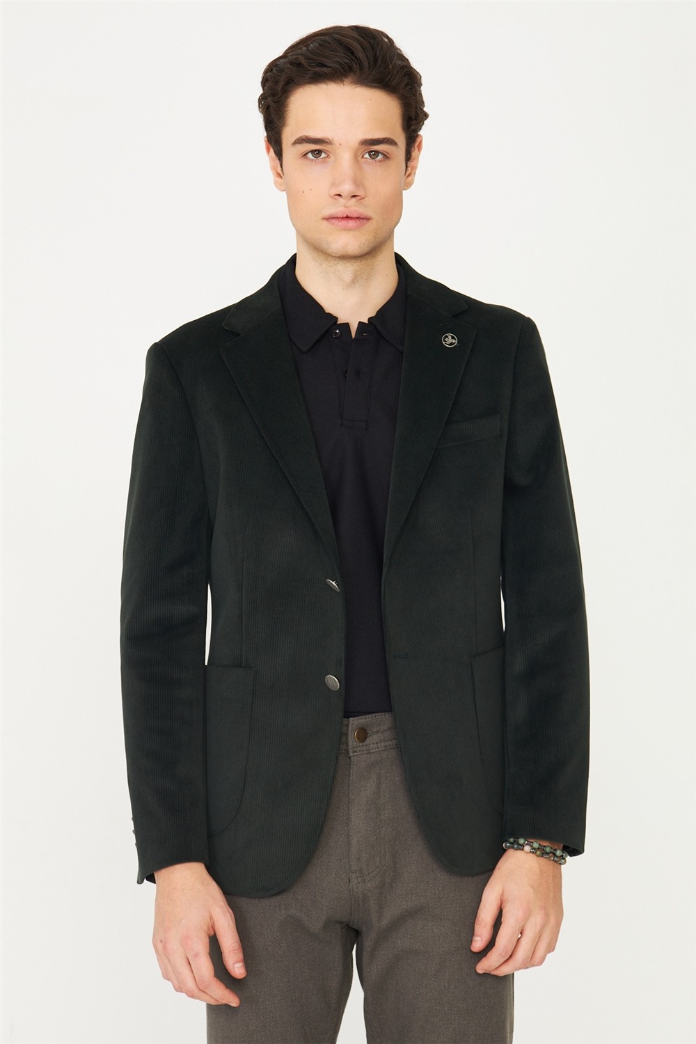 White Stone Koyu Gri Fitilli Kadife Slim Fit Blazer Ceket görsel 3
