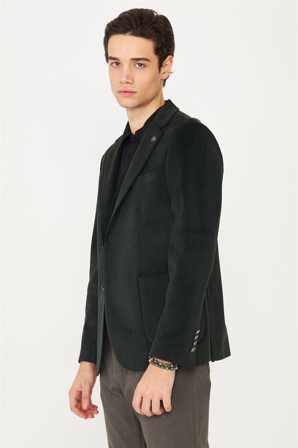 White Stone Koyu Gri Fitilli Kadife Slim Fit Blazer Ceket görsel 4
