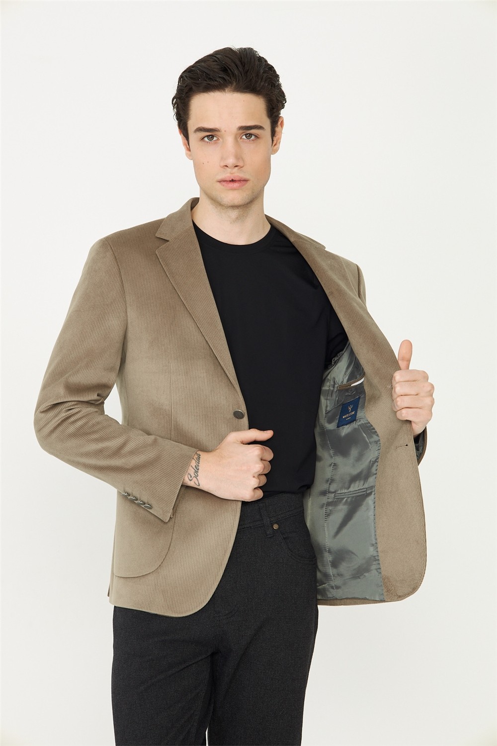White Stone Koyu Gri Fitilli Kadife Slim Fit Blazer Ceket