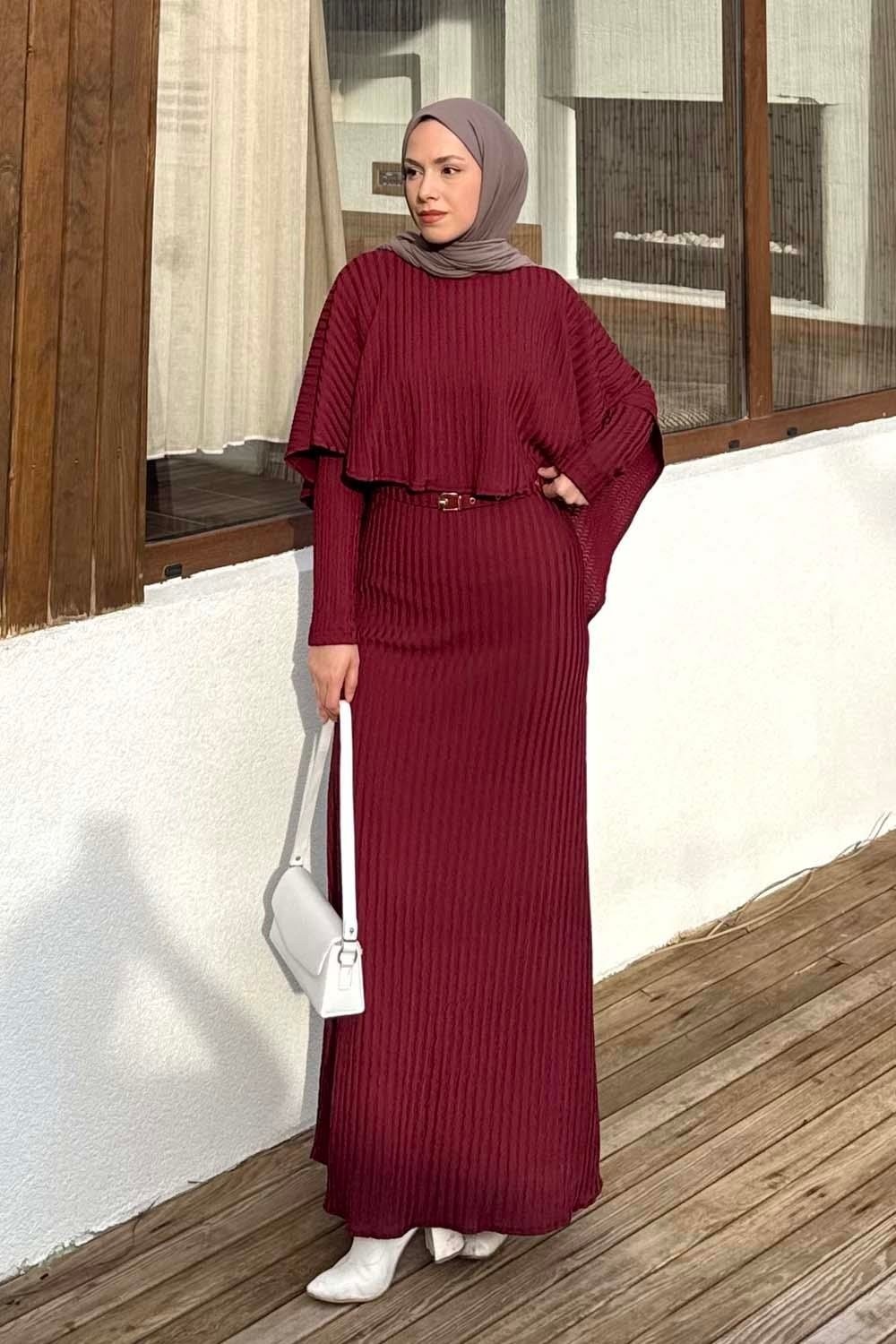 Lamelif Balıksırtı Kemerli Elbise Haki
