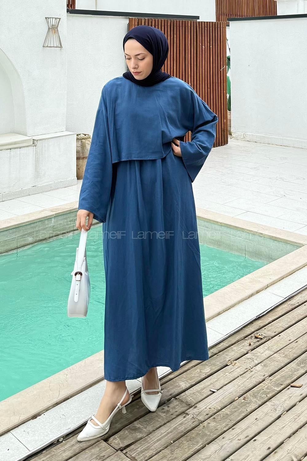 Lamelif Lacivert Oversize Etekli Tesettür Takım Kadın Pamuk - Polyester Düz Desen ile Şık