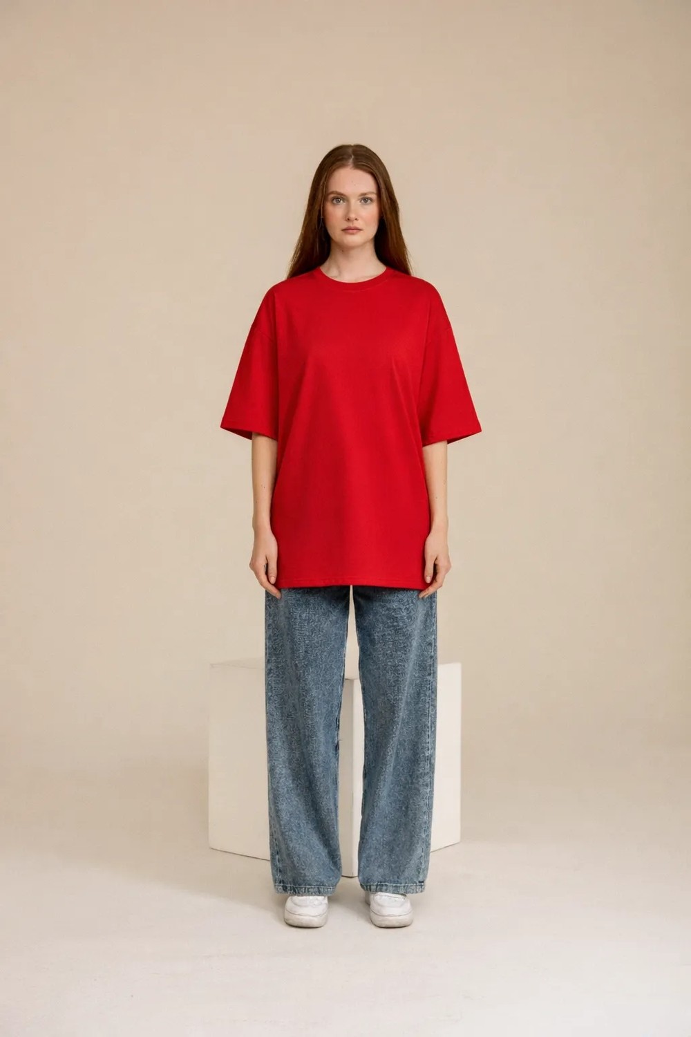 Guaraz Kadın Lacivert Oversize Bisiklet Yaka %100 Organik Pamuk Düz Basic Yazlık T-Shirt görsel 3