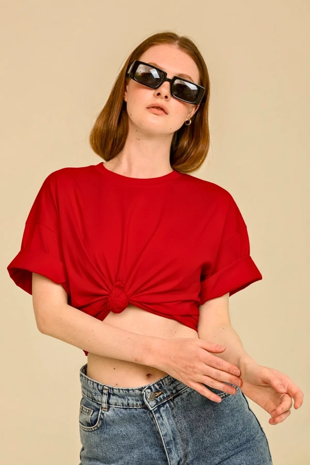 Guaraz Kadın Lacivert Oversize Bisiklet Yaka %100 Organik Pamuk Düz Basic Yazlık T-Shirt görsel 4