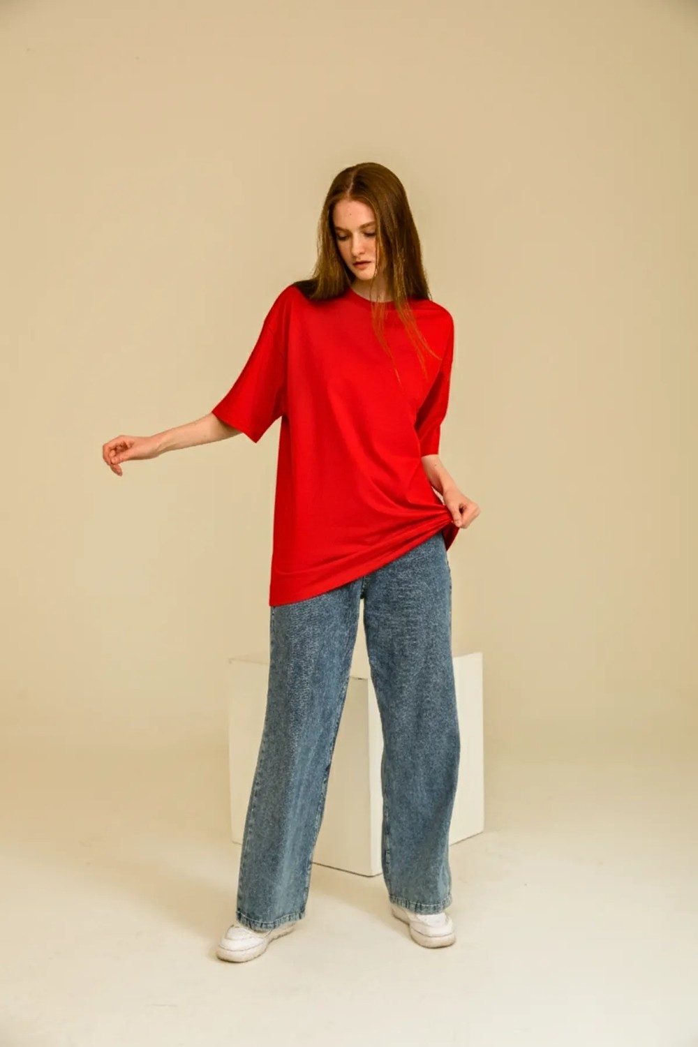 Guaraz Kadın Lacivert Oversize Bisiklet Yaka %100 Organik Pamuk Düz Basic Yazlık T-Shirt görsel 6