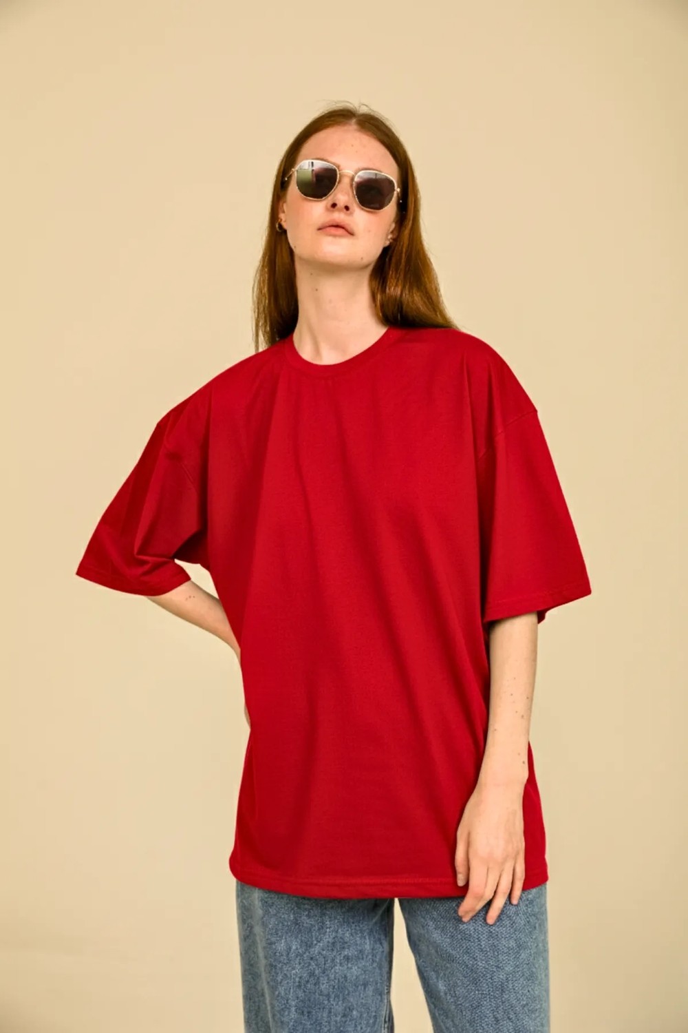 Guaraz Kadın Lacivert Oversize Bisiklet Yaka %100 Organik Pamuk Düz Basic Yazlık T-Shirt görsel 8
