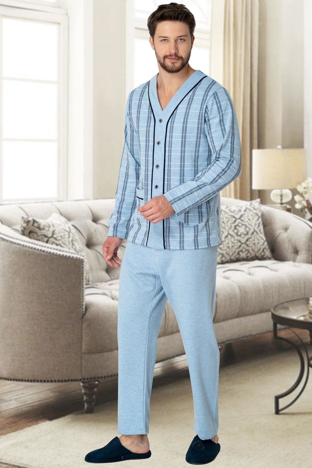 By Mecit Pijama Mecit 2767 Mavi Önden Düğmeli Büyük Beden Erkek Pijama Takımı