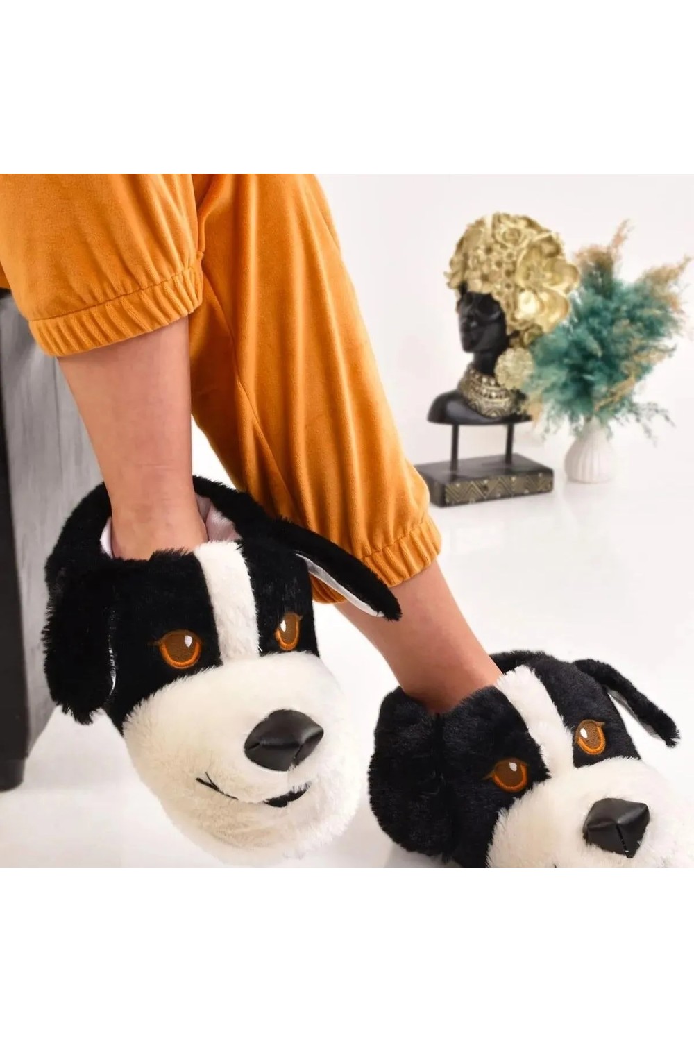 Moda Devrin Mdes Gri Hayvanlı Peluş Ev Ayakkabısı Kadın İçin Sessiz Taban Sevimli Köpek Figürlü Panduf görsel 7