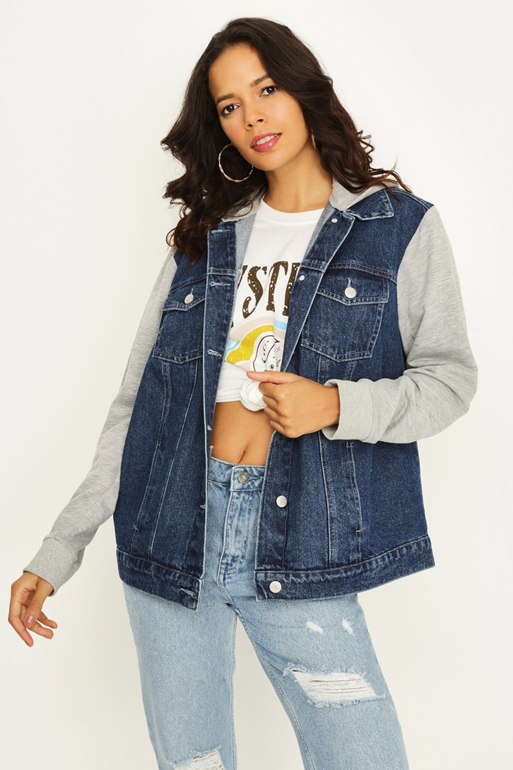 Select Moda Kadın Oversize Denim Ceket Mavi Kapüşonlu Penye Kolları ile Şık ve Rahat