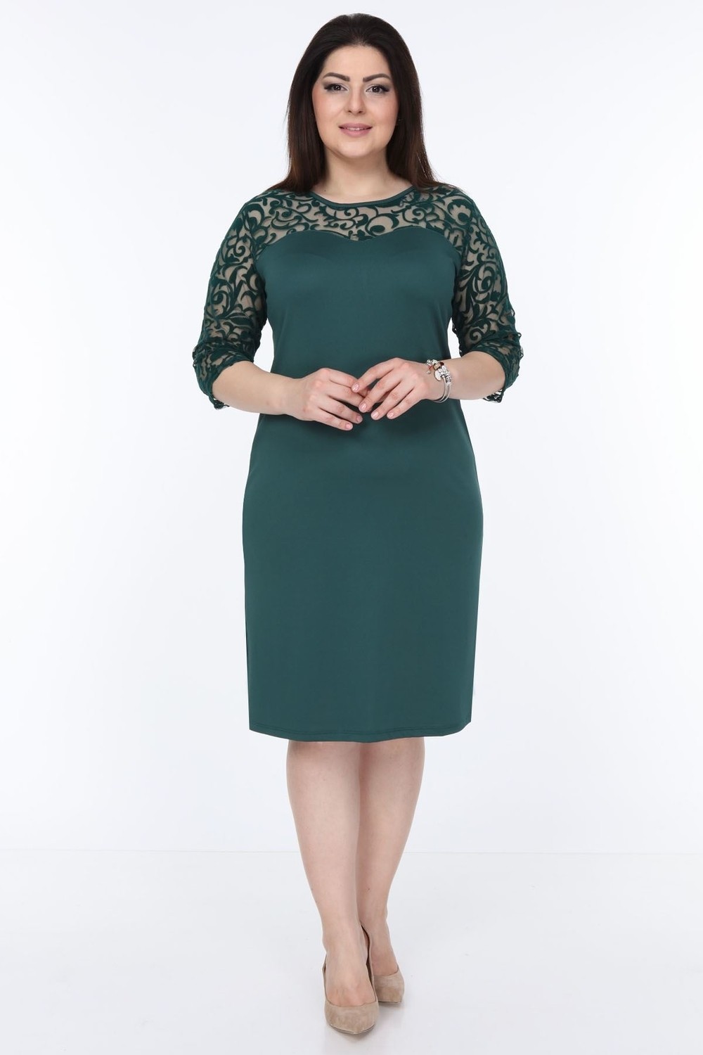 Modayız Yeşil Floklu Büyük Beden Elbise Bodycon Klasik Stil Truvakar Kol