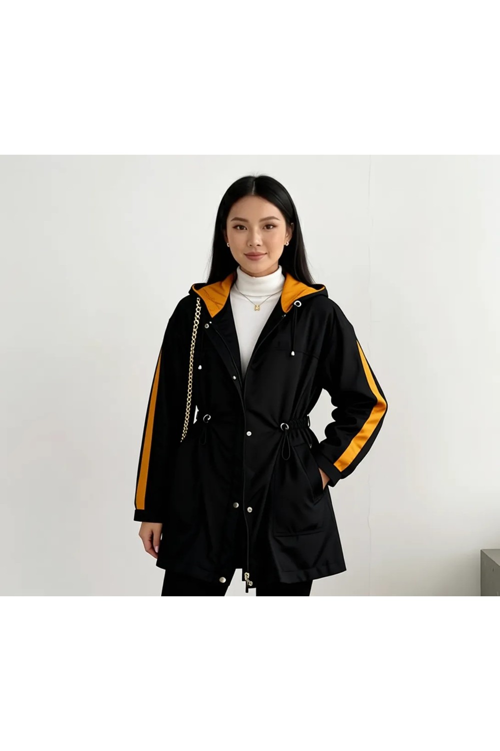 Moda Tuğram Micro Midi Siyah Kolları Detaylı Yağmurluk & Rüzgarlık görsel 6