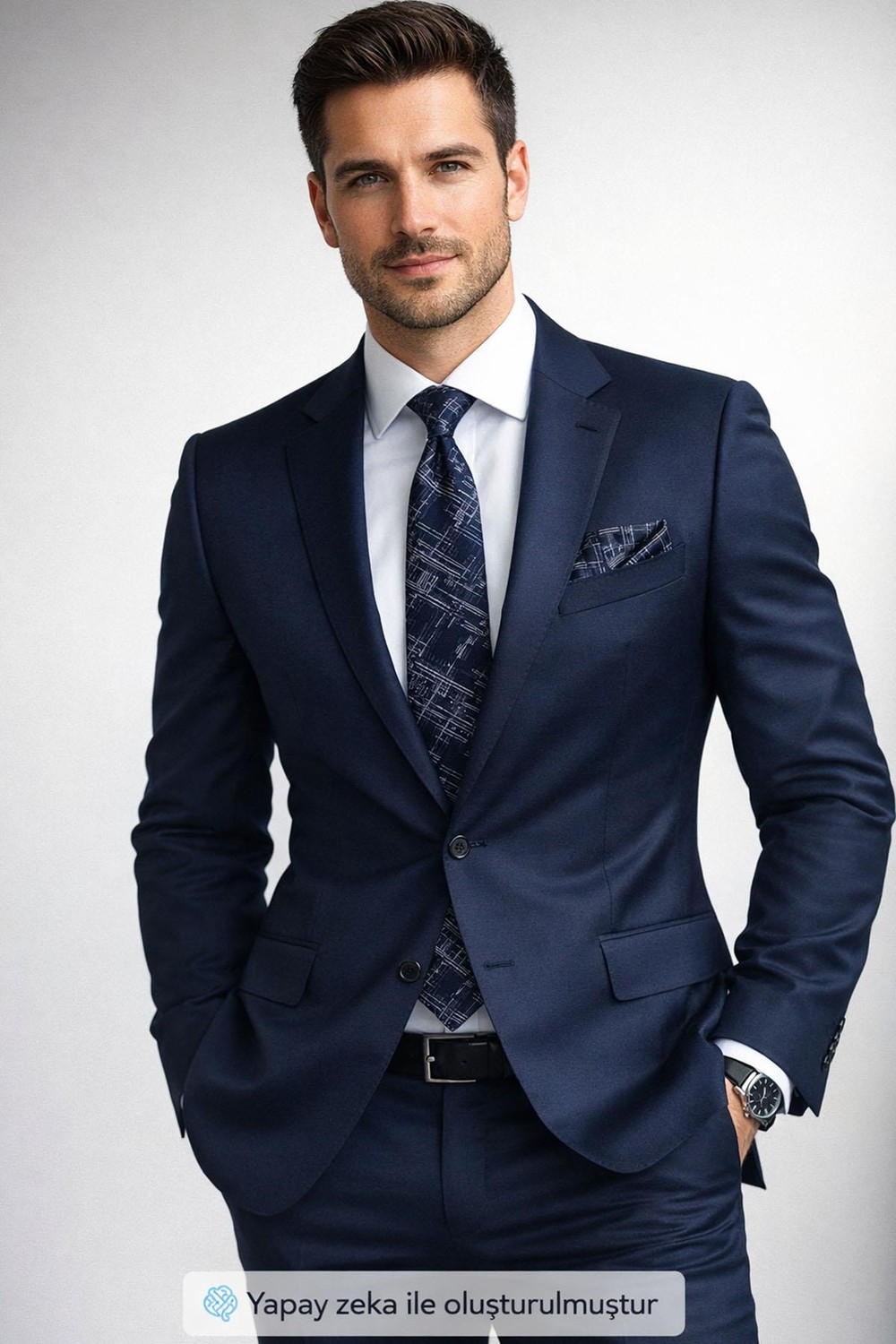 Gaffy Gri Kırcıl Desenli Lacivert Dokuma Kumaş Mendilli Slim Fit Kravat // SDK-2611-2 görsel 4