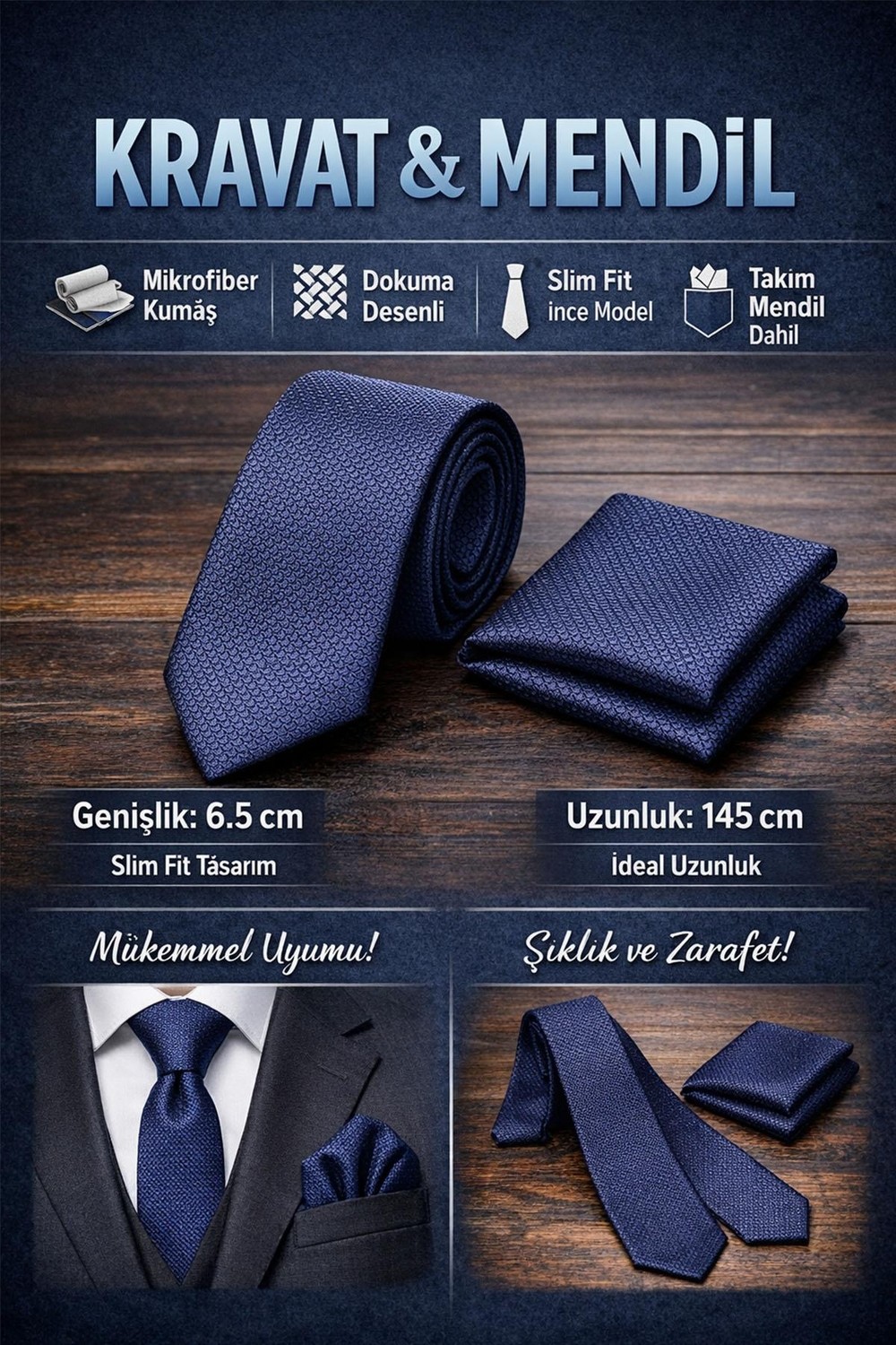 Gaffy Gri Kırcıl Desenli Lacivert Dokuma Kumaş Mendilli Slim Fit Kravat // SDK-2611-2 görsel 5