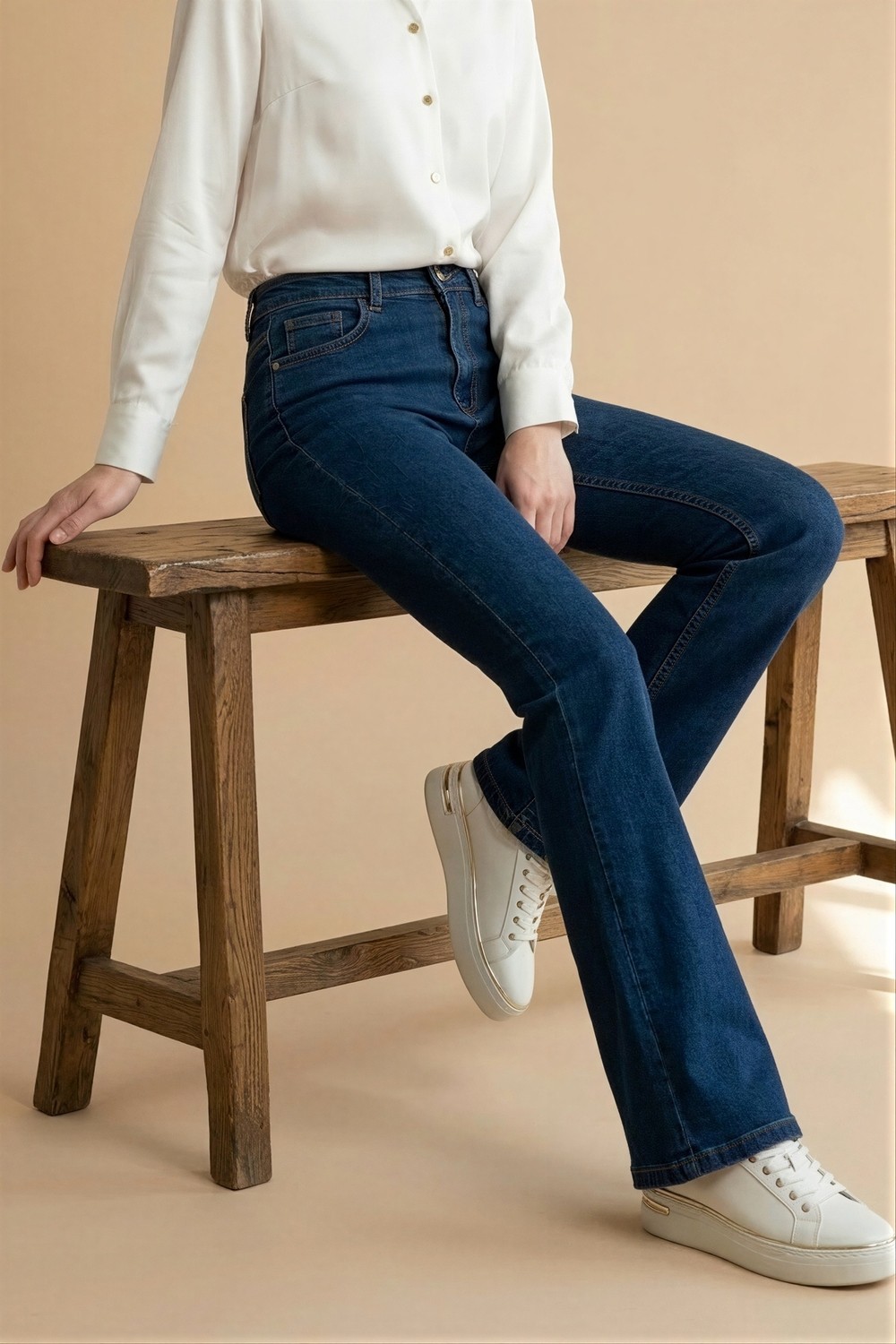 İmaj Butik Lacivert Yüksek Bel Ispanyol Paça Jeans Pantolon görsel 3