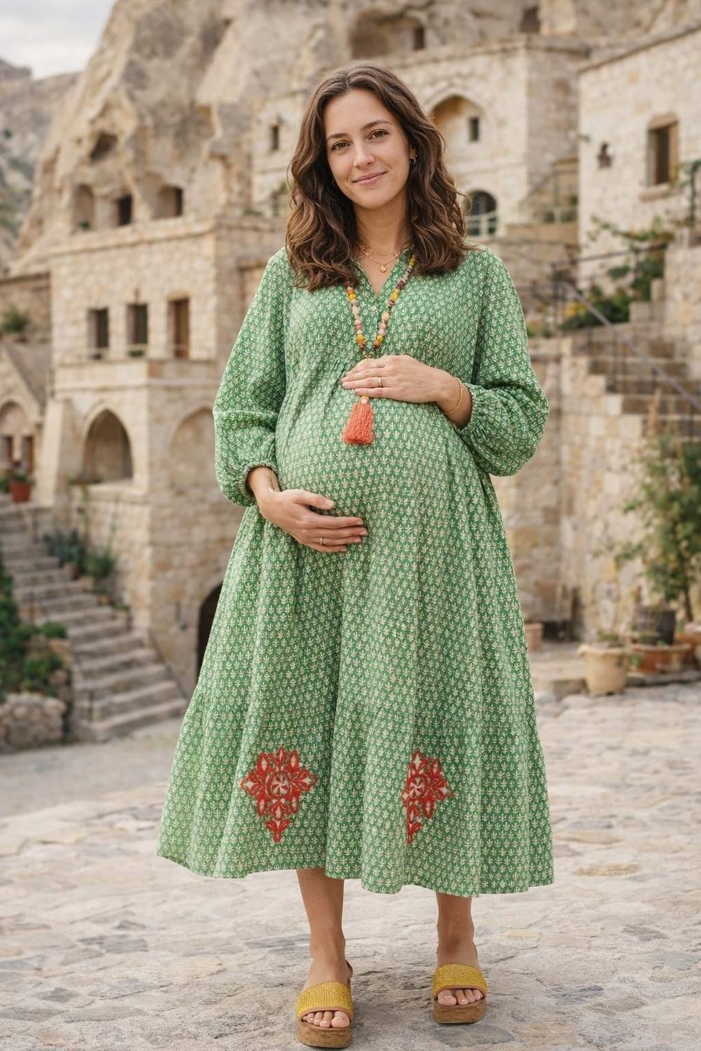 Park Moda %100 Pamuklu Gizli Cepli ve Nakışlı Desenli Yeşil Hamile Gömlek Elbise
