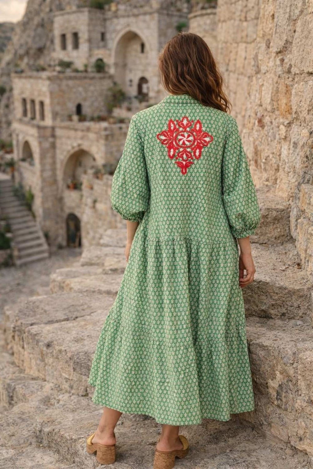 Park Moda %100 Pamuklu Gizli Cepli ve Nakışlı Desenli Yeşil Hamile Gömlek Elbise görsel 2