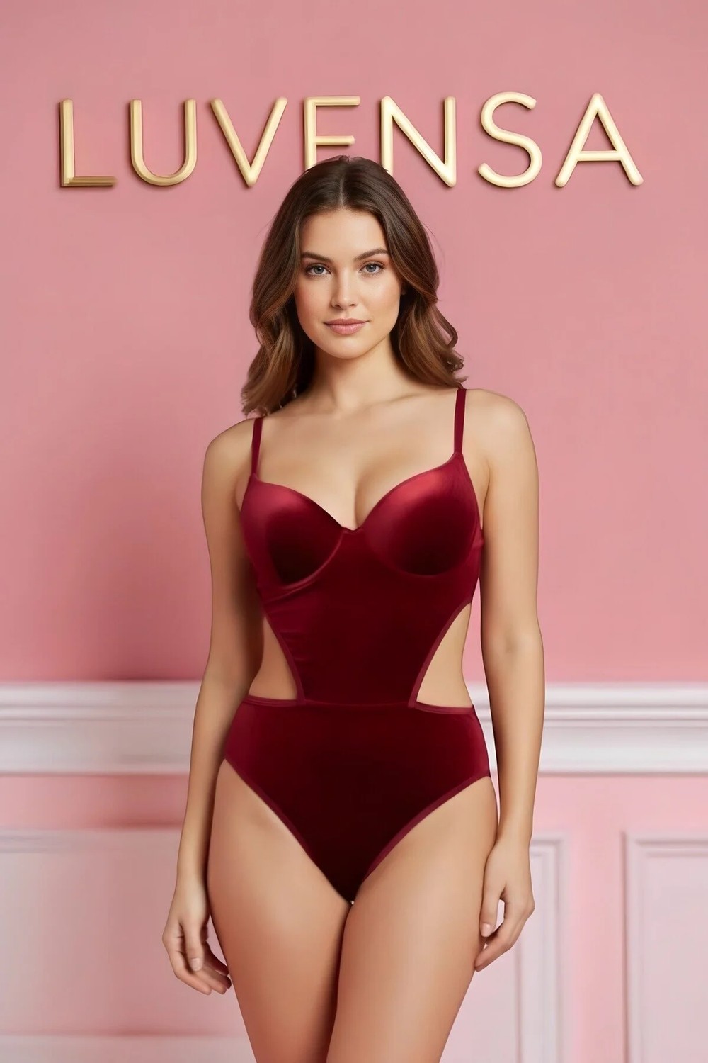 Luvensa Bordo Kadife Dolgulu Çıtçıtlı Bodysuit Babydoll görsel 3