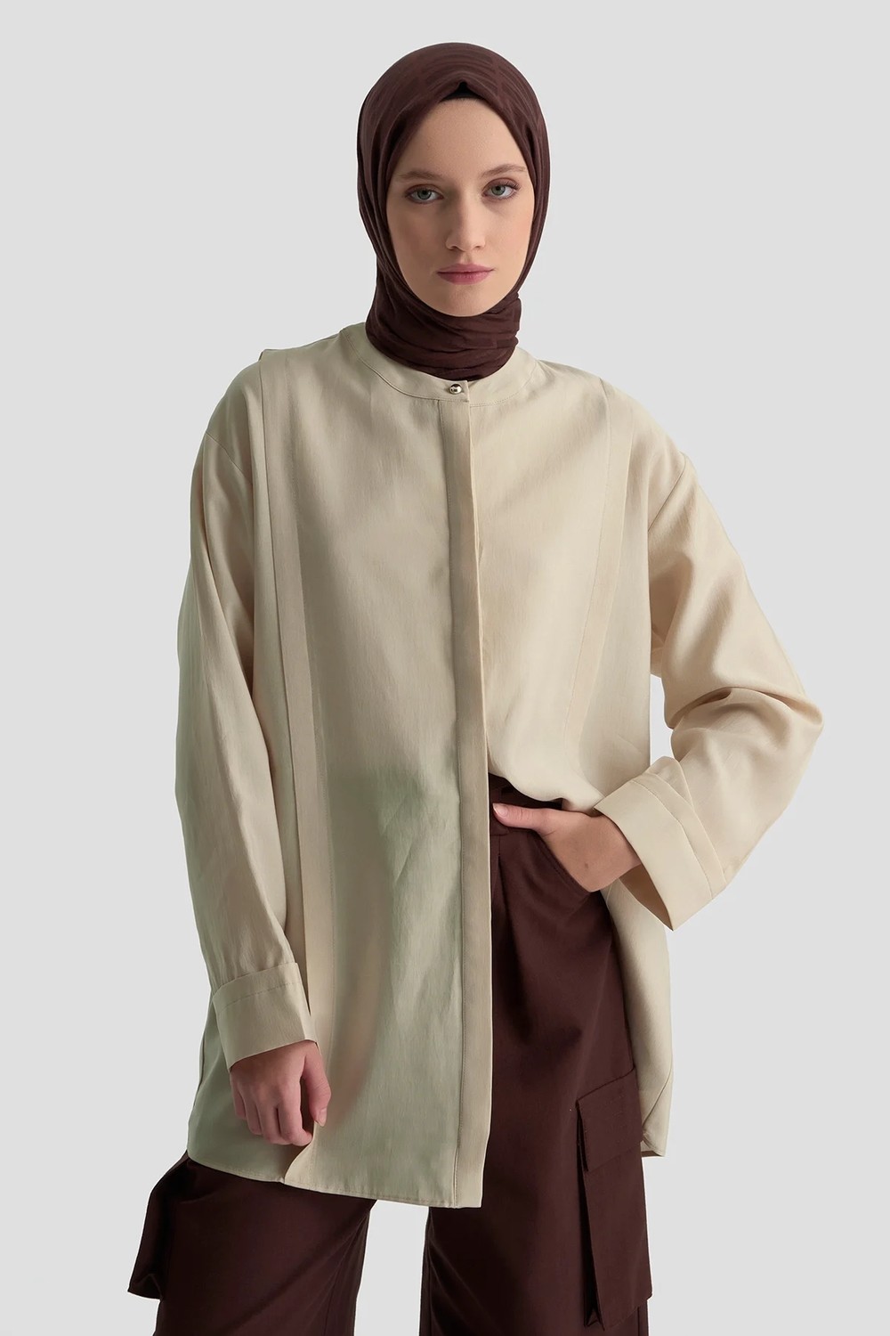 Armine Hakim Yaka Lyocell Tunik Kum görsel 3