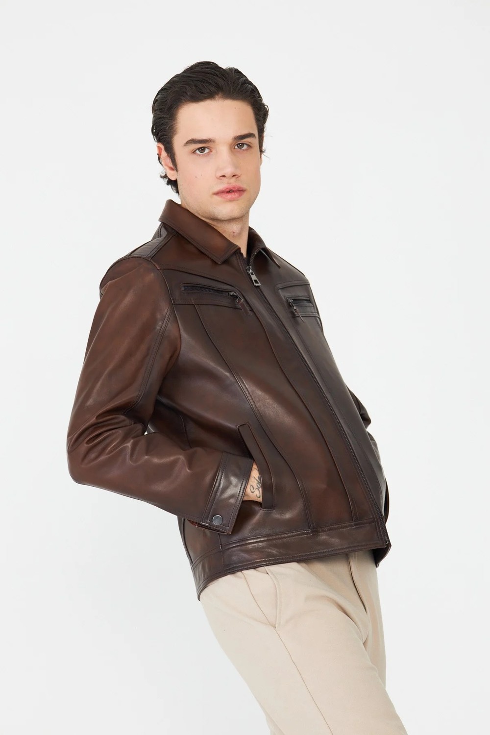 White Stone Siyah Fermuarlı Klasik Kesim Hakiki Deri Ceket görsel 8