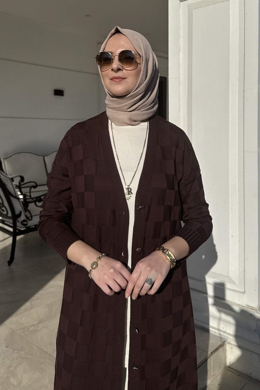 Rabia Şamlı Dama Desenli Triko Hırka Acı Kahve görsel 5