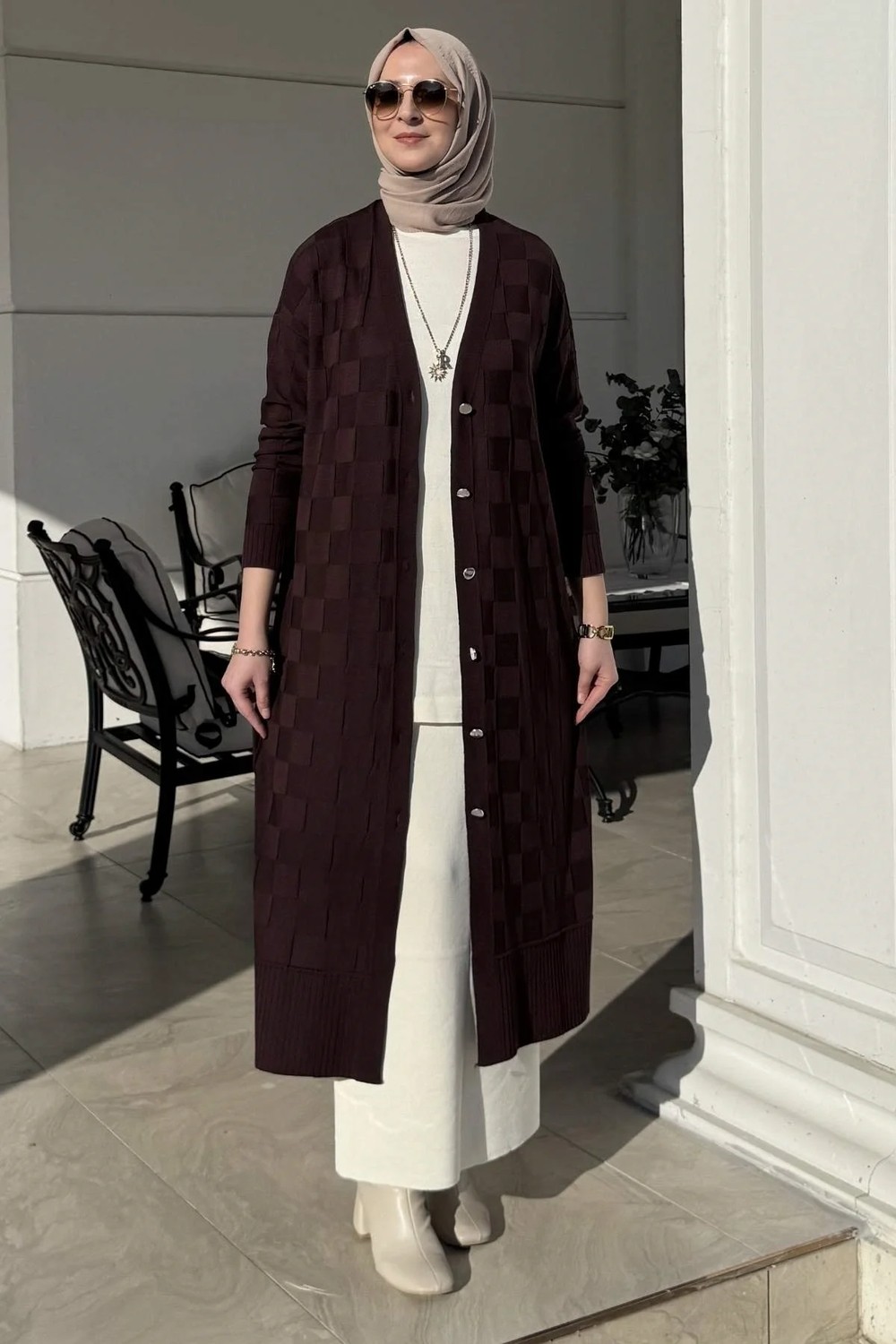 Rabia Şamlı Dama Desenli Triko Hırka Acı Kahve görsel 7
