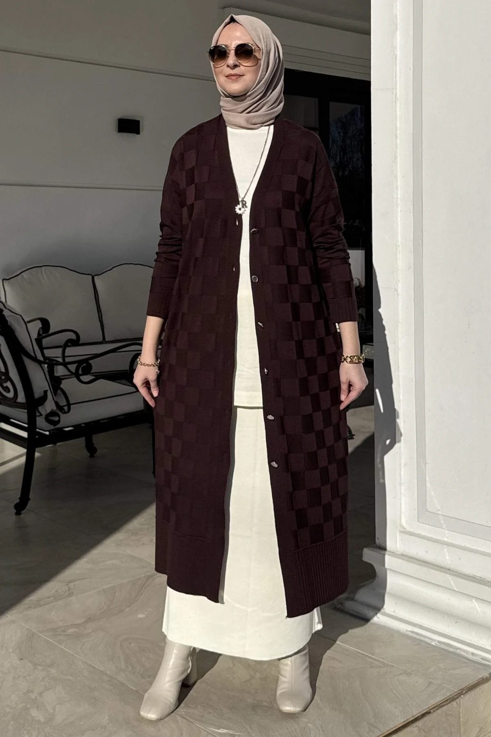 Rabia Şamlı Dama Desenli Triko Hırka Acı Kahve görsel 8