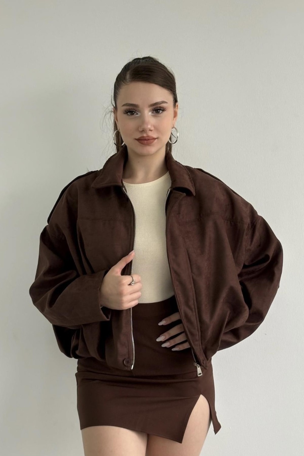 Prifaldi Zr Oversize Kahverengi Süet Bomber Ceket
