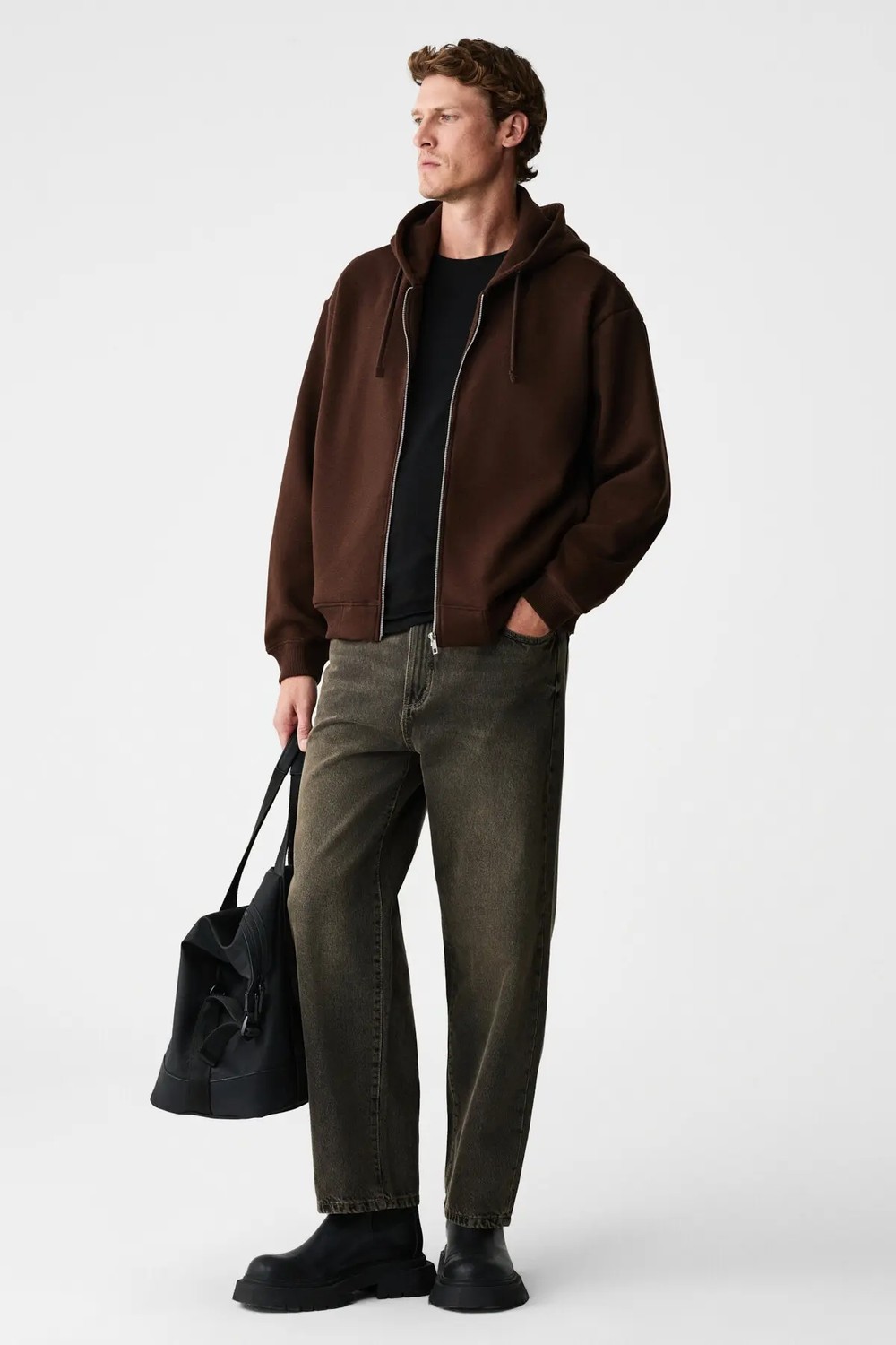 Grimelange ASHBY Erkek Kapüşonlu Fermuarlı Cepli Kordonlu Boxy Kalıp Acı Kahve Sweatshirt