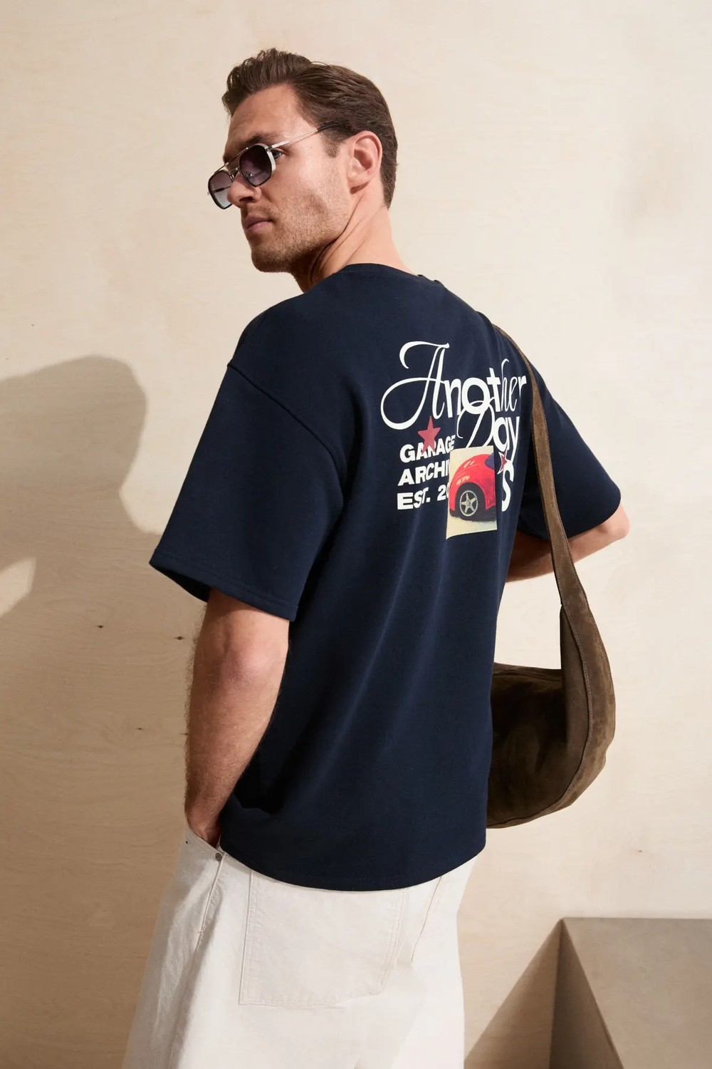 Grimelange DUKI Erkek Oversize Lacivert T-Shirt Pamuklu Bisiklet Yaka Kısa Kol Günlük Stil