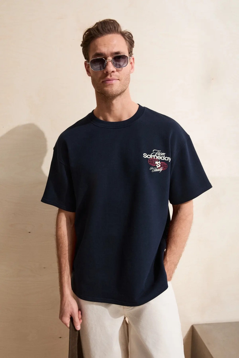 Grimelange DUKI Erkek Oversize Lacivert T-Shirt Pamuklu Bisiklet Yaka Kısa Kol Günlük Stil görsel 2