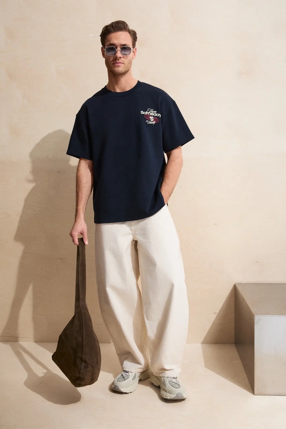 Grimelange DUKI Erkek Oversize Lacivert T-Shirt Pamuklu Bisiklet Yaka Kısa Kol Günlük Stil görsel 3