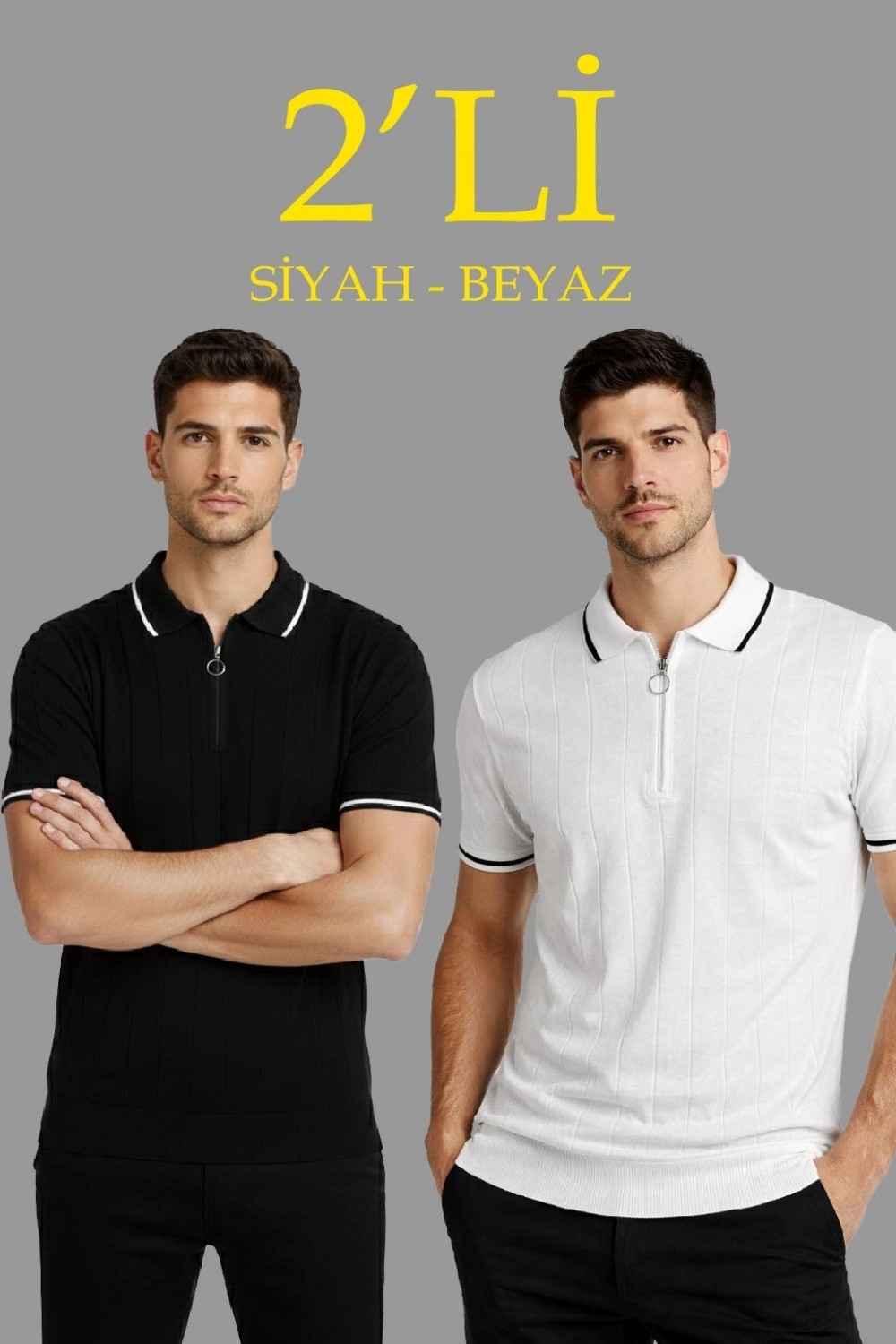 Marsilyan Erkek 2’li Paket Dokuma Triko Fermuarlı Yakalı Fitilli Kısa Kollu Regular Fit Tişört - Beyaz Siyah