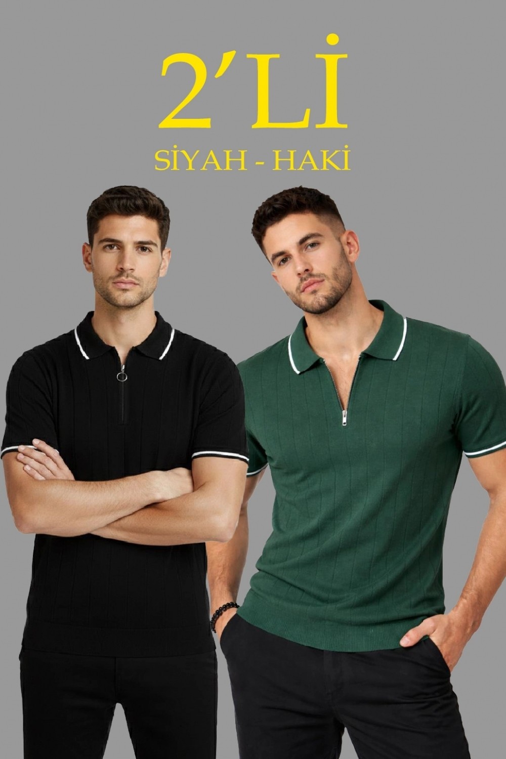 Marsilyan Erkek 2’li Paket Dokuma Triko Fermuarlı Yakalı Fitilli Kısa Kollu Regular Fit Tişört - Haki Siyah