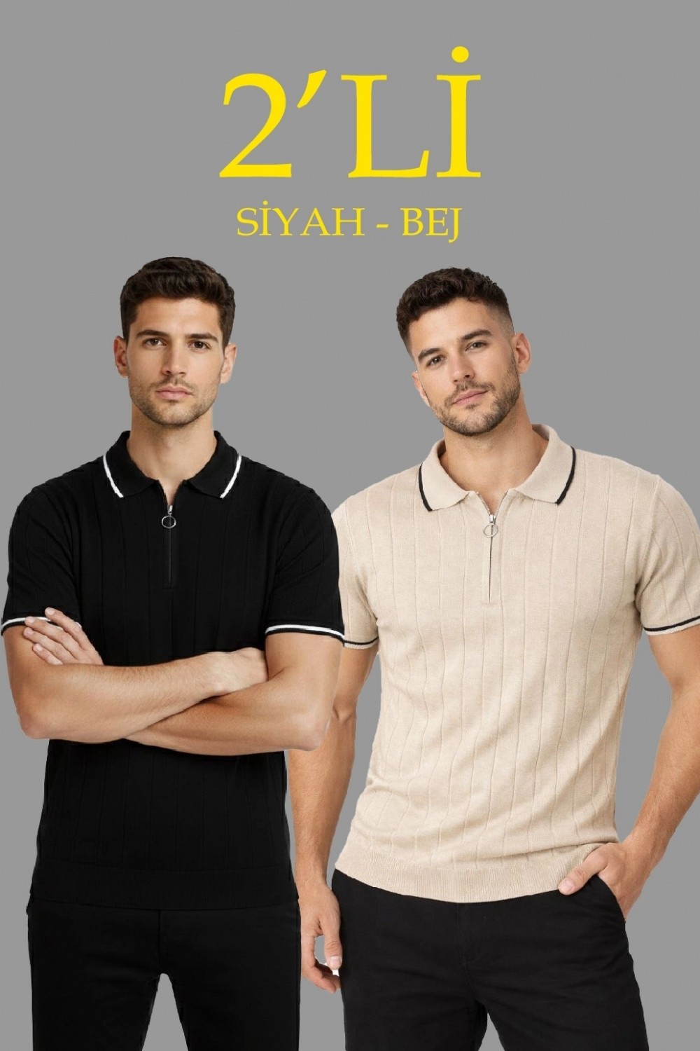 Marsilyan Erkek 2’li Paket Dokuma Triko Fermuarlı Yakalı Fitilli Kısa Kollu Regular Fit Tişört - Bej Siyah