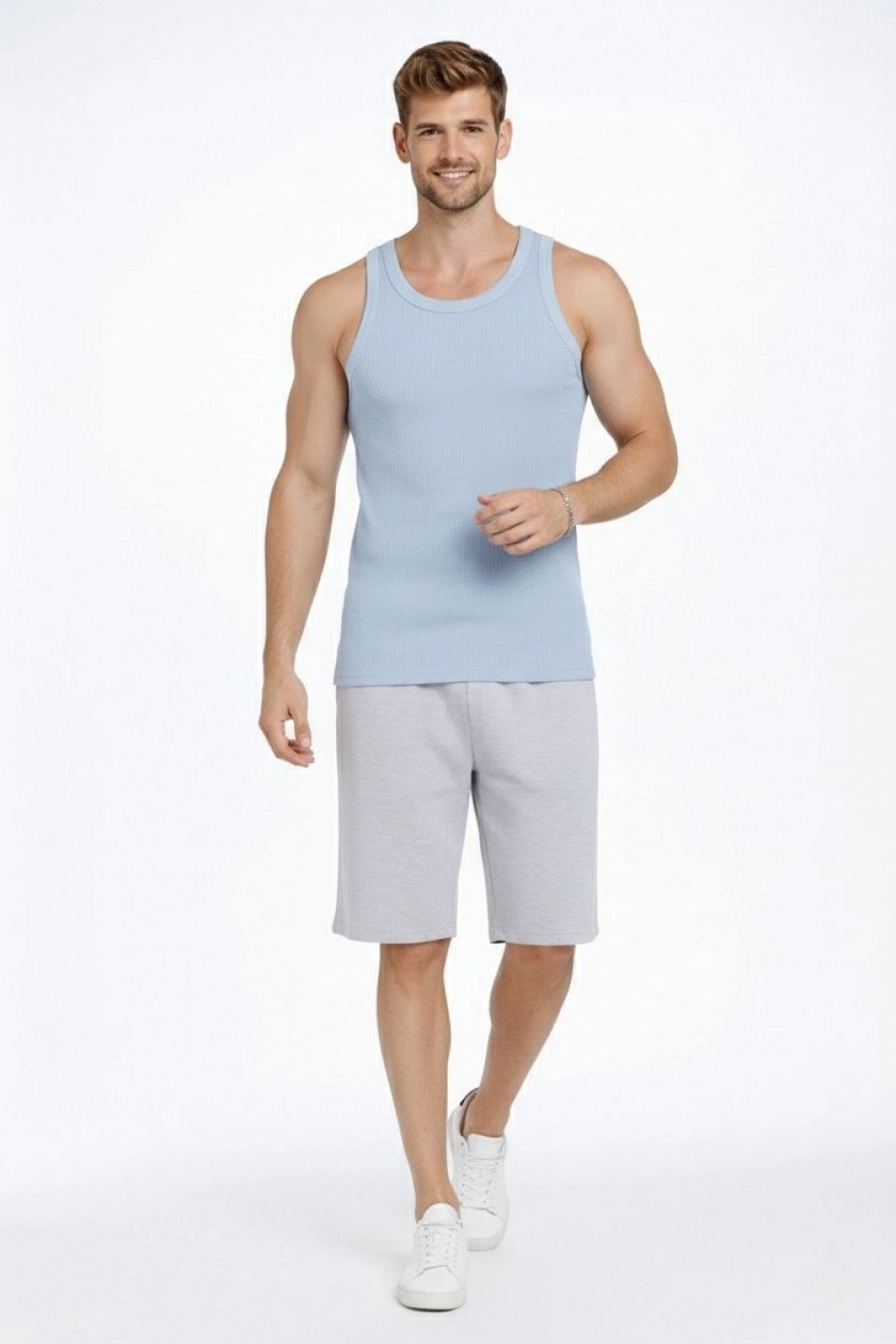 Marsilyan Erkek Spor Fitilli Atlet 3'lü Set Mint Yeşili, Pembe ve Bebek Mavisi Slim Fit Kaşkorse Arka Baskılı Spor Atlet görsel 4