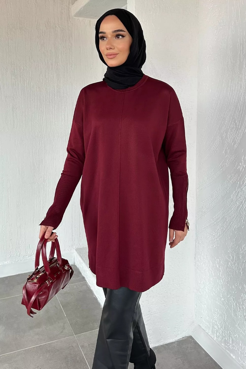 Julude Gülseli Kol Fermuar Detaylı Tesettür Triko Tunik P-00020679 görsel 2