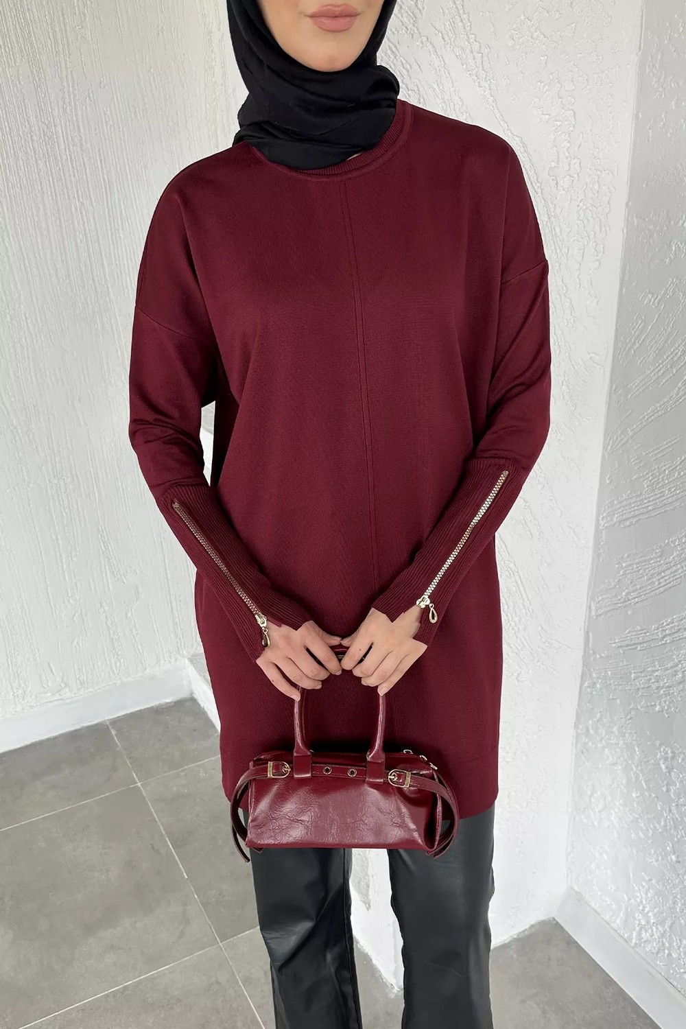 Julude Gülseli Kol Fermuar Detaylı Tesettür Triko Tunik P-00020679 görsel 3